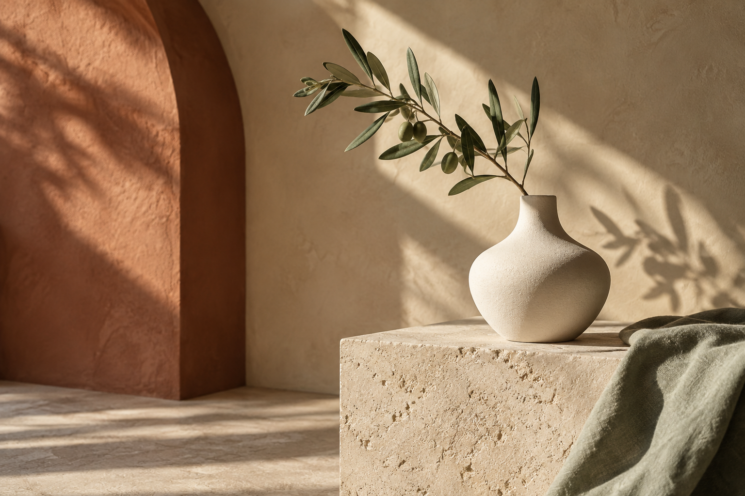 Sunlit pottery and olive branches in a warm, minimal interior